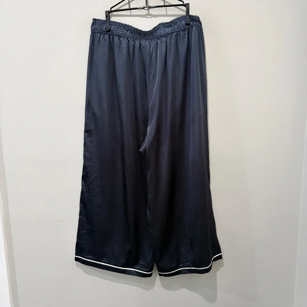 Mersea Satin Sailor Pajama Set Women XL Navy Long Sleeve Wide Leg Pants Resort - Picture 5 of 12